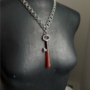 Vintage Silver Key Pendant Necklace with Red Carnelian Point chainmaille chain